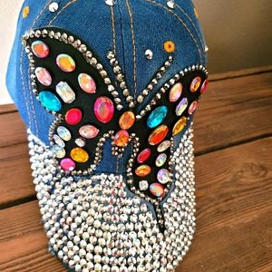 Blue Jean Jeweled Rhinestone Distressed Hat/Cap
